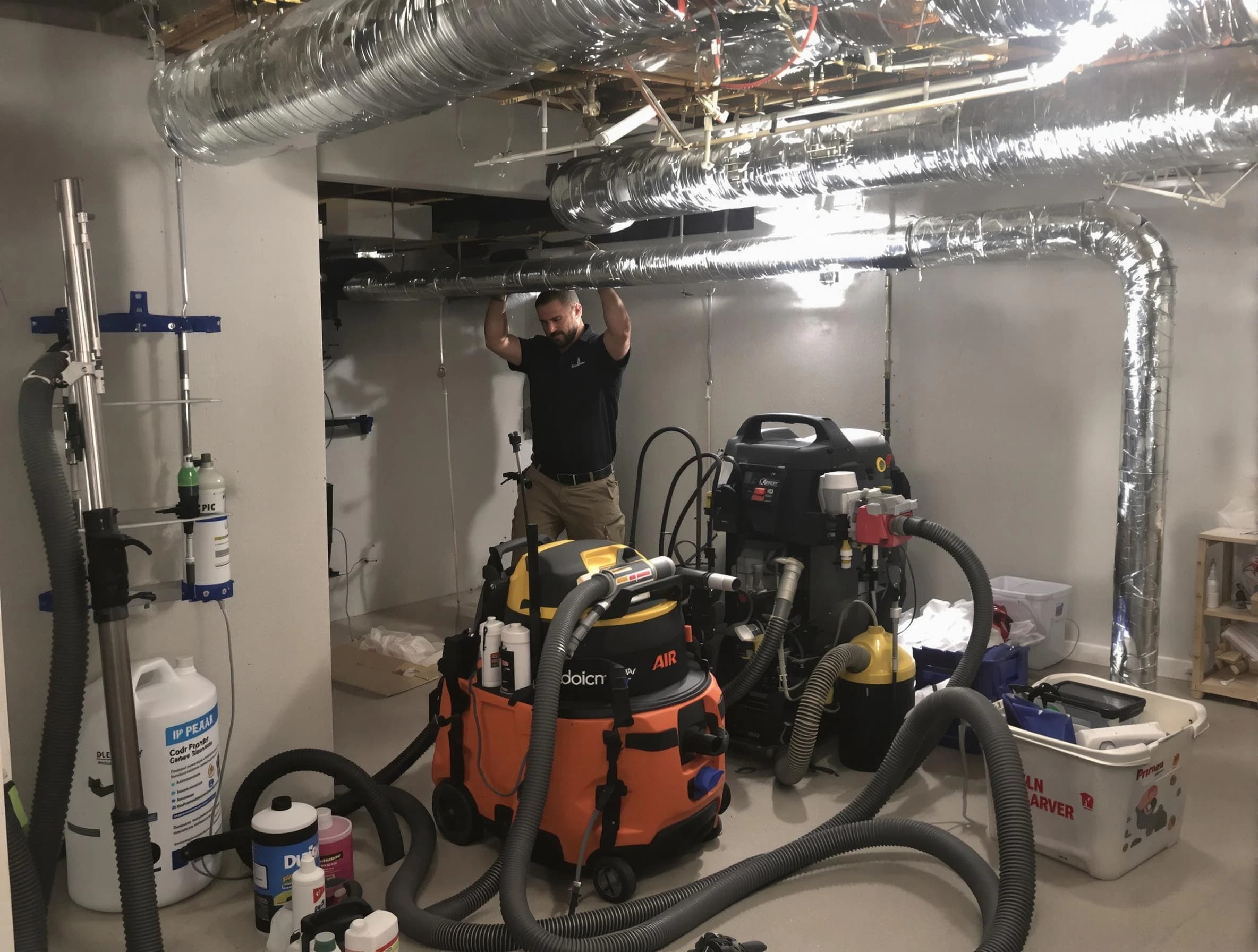 Holly Springs Air Duct Cleaning specialist performing professional mold removal from air ducts using safety equipment in Holly Springs